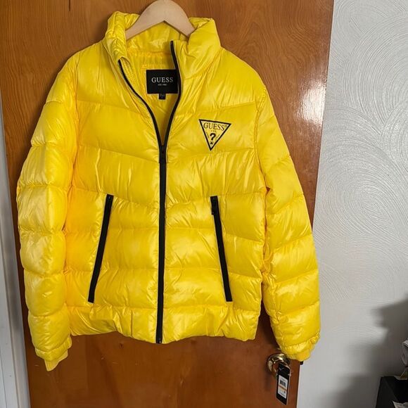 Guess Puffer Jacket Mens Small Yellow Zip Pockets - Picture 1 of 5
